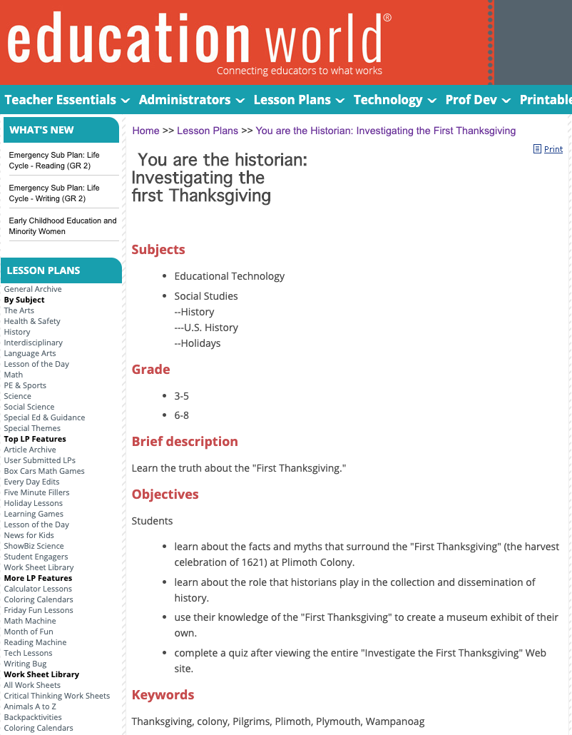 You Are the Historian: Investigating the First Thanksgiving Lesson Plan