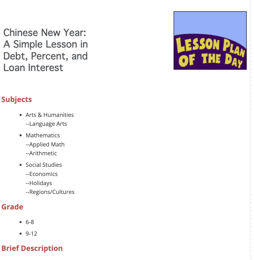 Chinese New Year: A Simple Lesson in Debt, Percent, and Loan Interest Lesson Plan