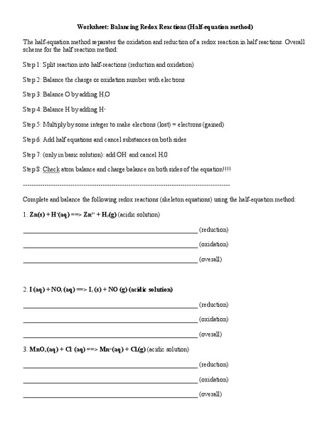 Balancing Redox Reactions Worksheet