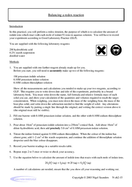 Balancing Redox Reactions Lab Resource