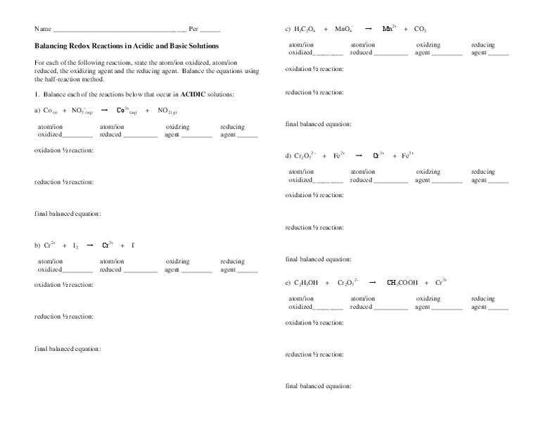 Balancing Redox Reactions in Acidic and Basic Solutions Worksheet