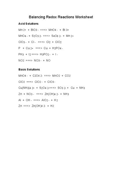 Balancing Redox Reactions Worksheet