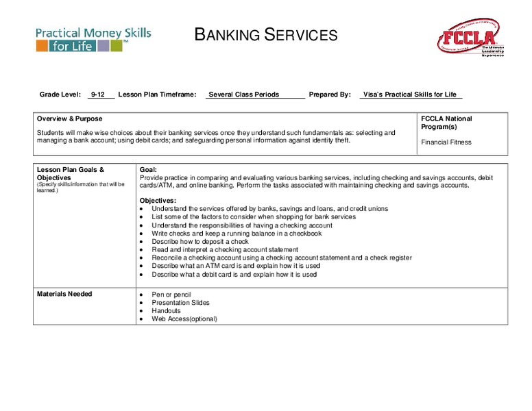 Banking Services Lesson Plan