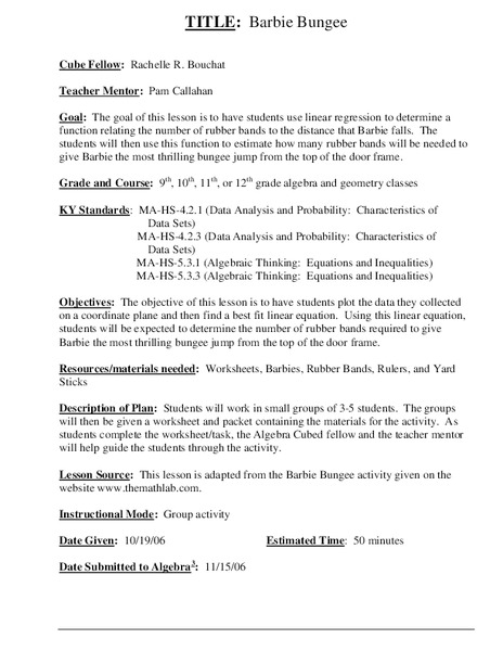 Barbie Bungee Lesson Plan