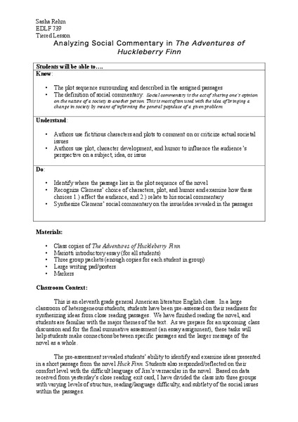 Analyzing Social Commentary in The Adventures of Huckleberry Finn Lesson Plan