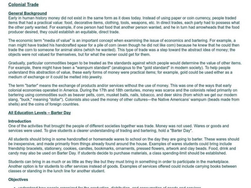 Barter Day Lesson Plan