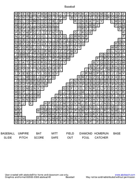 Baseball Word Search Worksheet