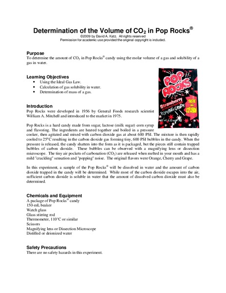 Determination of the Volume of CO2 in Pop Rocks Lesson Plan