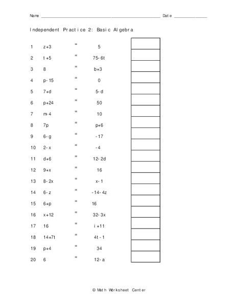 Basic Algebra Worksheet