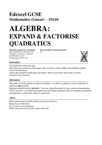 Expand and Factorise Quadratics Assessment