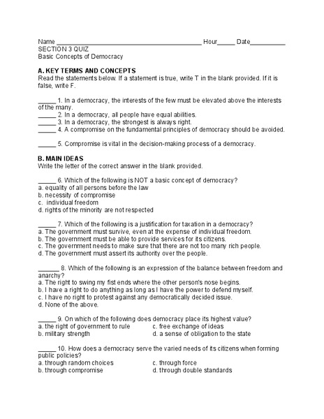 Basic Concepts of Democracy Worksheet