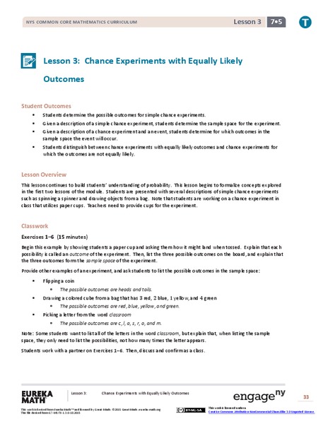 Chance Experiments with Equally Likely Outcomes Lesson Plan