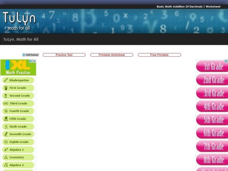 Basic Math Addition of Decimals  Worksheet