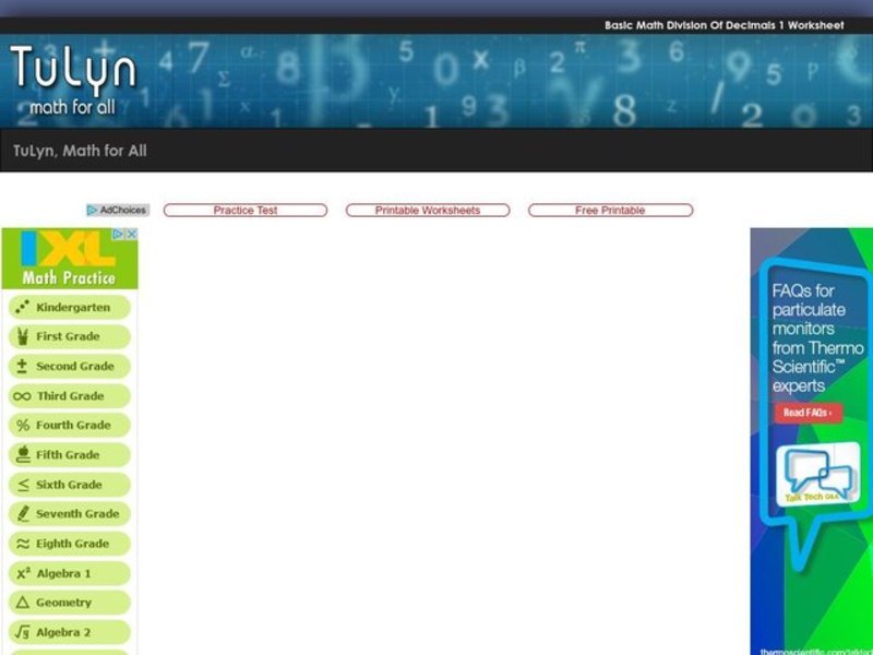 Basic Math Division of Decimals  Worksheet