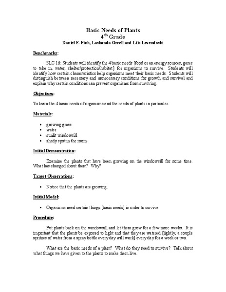Basic Needs of Plants Lesson Plan