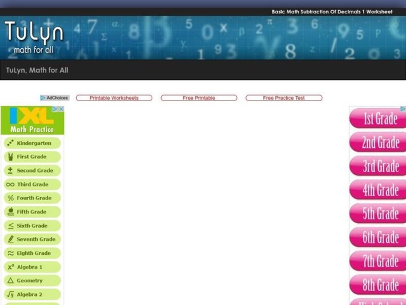 Basic Math Subtraction of Decimals  Worksheet