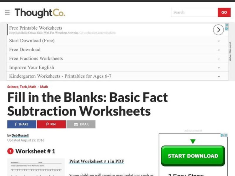 Basic Subtraction Facts Worksheet