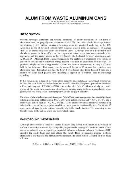 Alum from Waste Aluminum Cans Lesson Plan