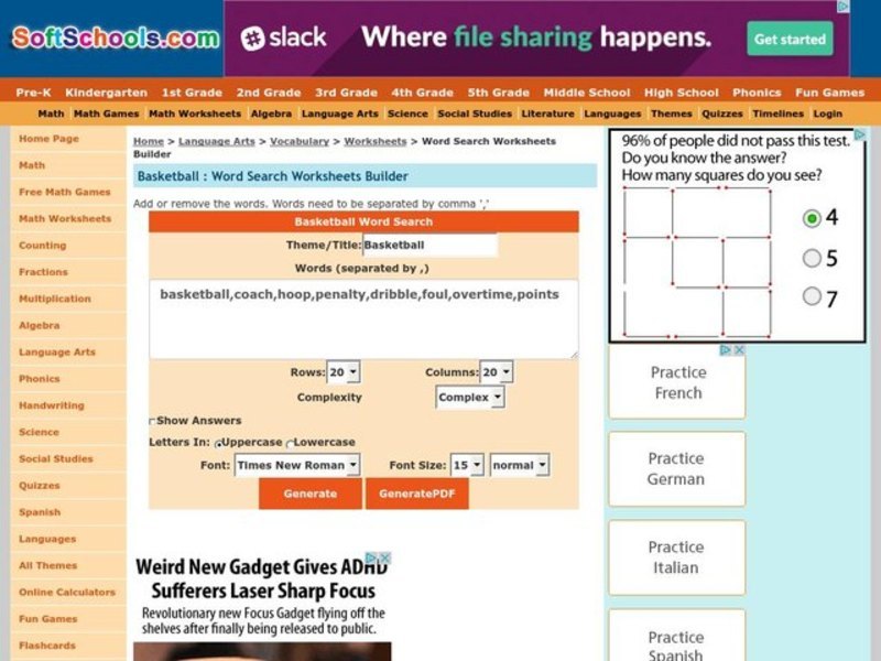 Basketball Word Search Worksheet
