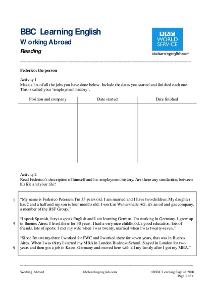 BBC Learning English, Reading Worksheet