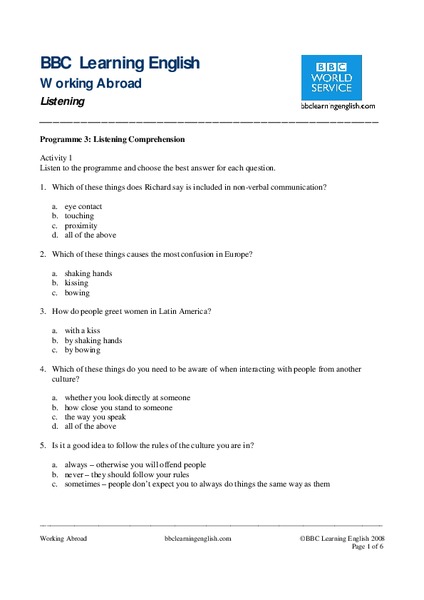 BBC Learning English, Listening Comprehension Worksheet