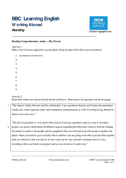 BBC Learning English, Reading Worksheet