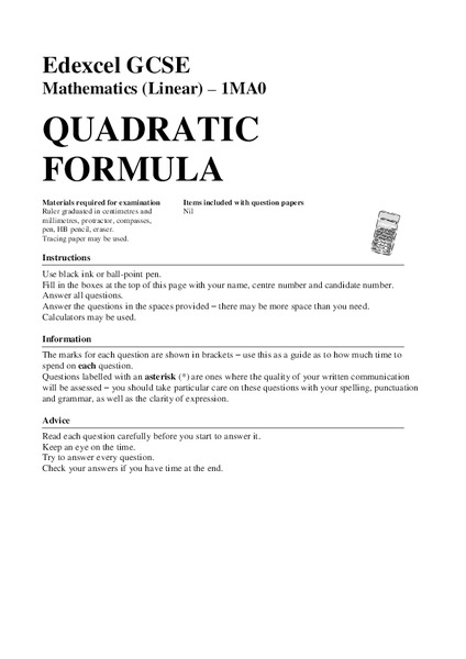 Quadratic Formula Assessment
