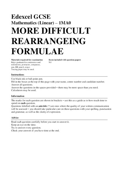 More Difficult Rearranging Formulae Assessment