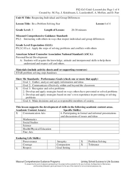 Be a Problem Solving Star Lesson Plan