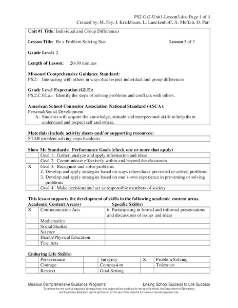Be a Problem Solving Star Lesson Plan
