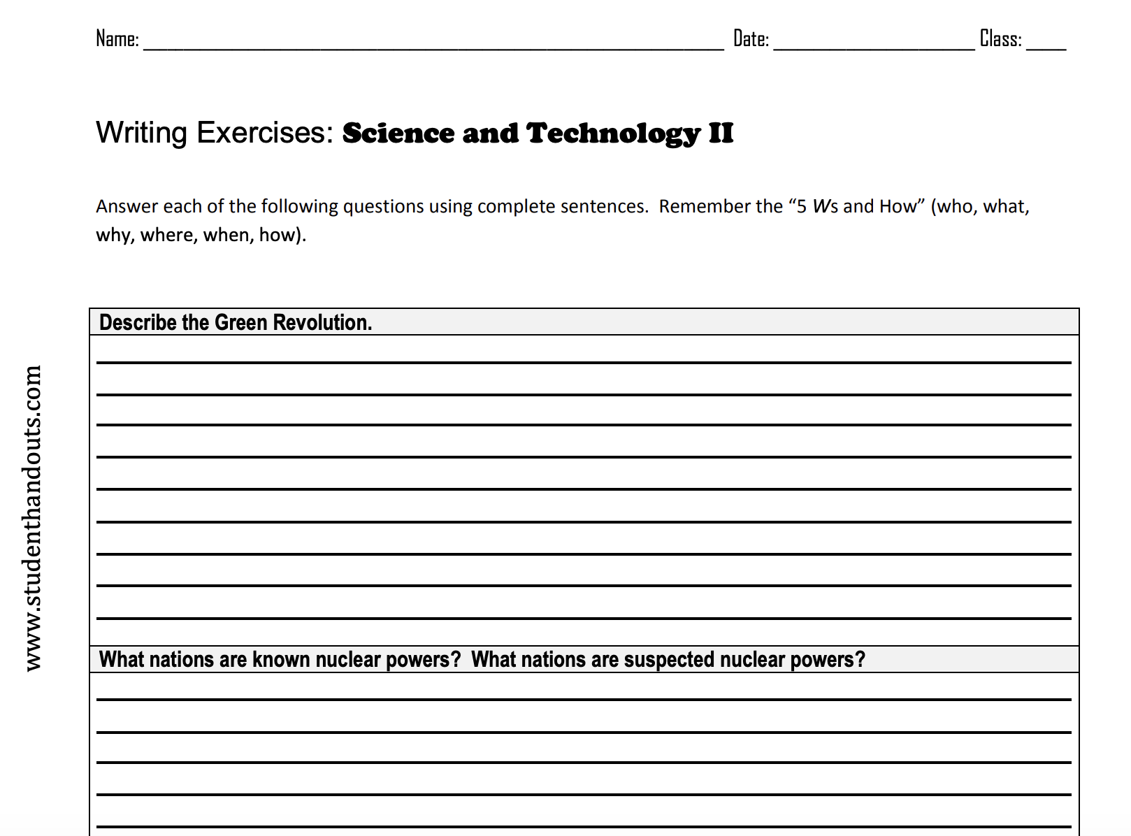 Writing Exercises: Science and Technology II Worksheet