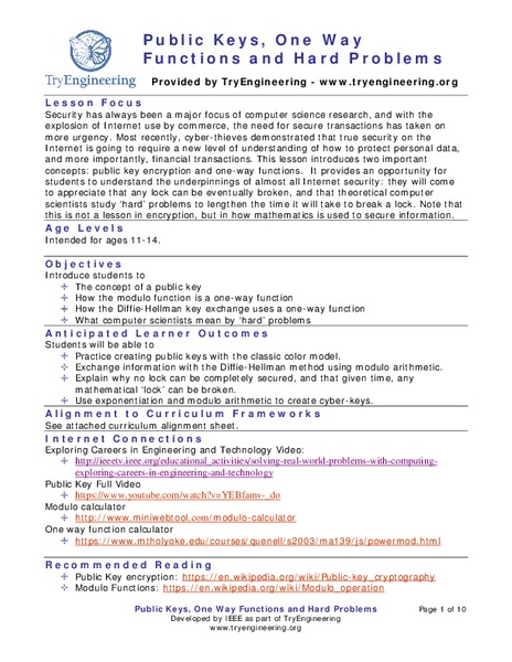 Public Keys, One Way Functions and Hard Problems Lesson Plan
