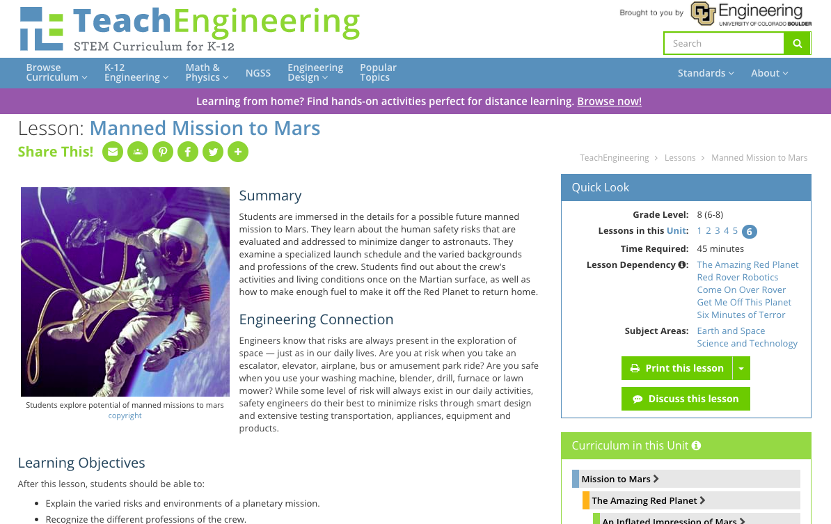 Manned Mission to Mars Lesson Plan