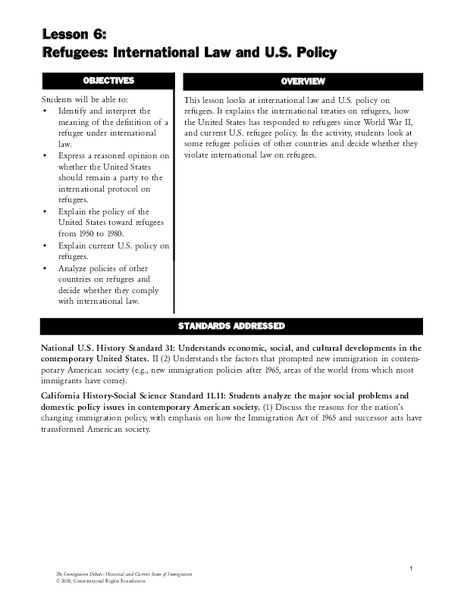Refugees: International Law and U.S. Policy Lesson Plan
