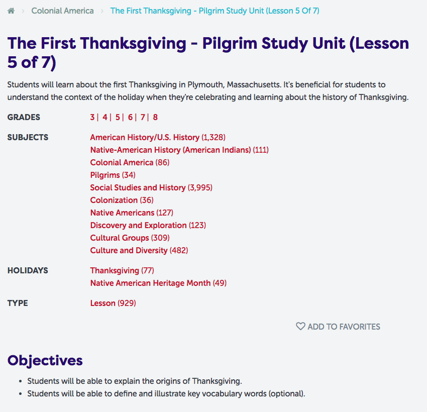 The First Thanksgiving - Pilgrim Study Unit Lesson Plan