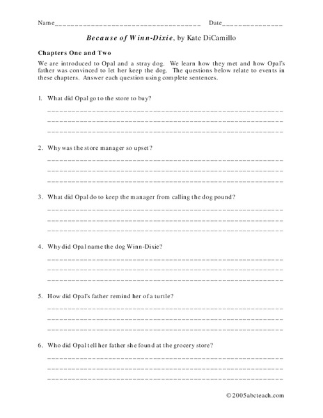 Because of Winn-Dixie Worksheet