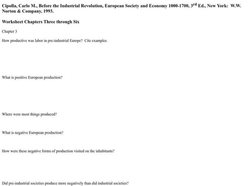 Before the Industrial Revolution Worksheet