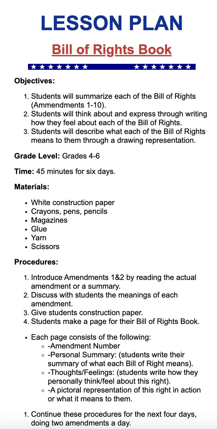 Bill of Rights Booklet Lesson Plan