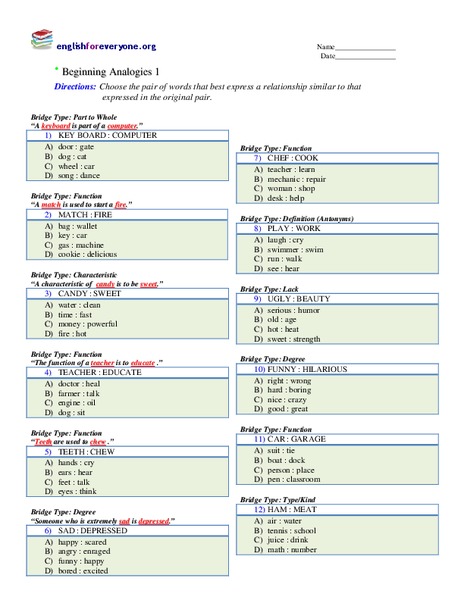 Beginning Analogies Worksheet