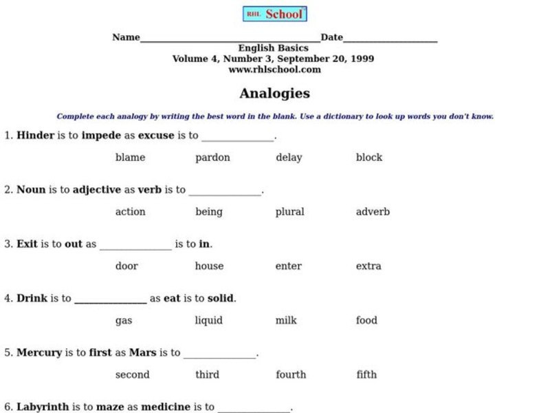 Beginning Analogies Worksheet