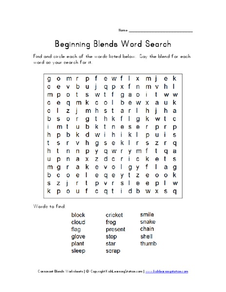 Beginning Blends Word Search Worksheet