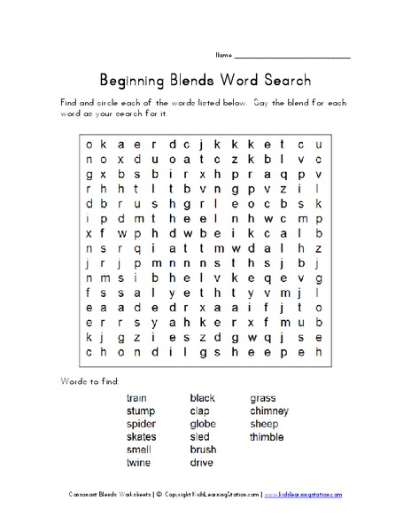 Beginning Blends Word Search Worksheet