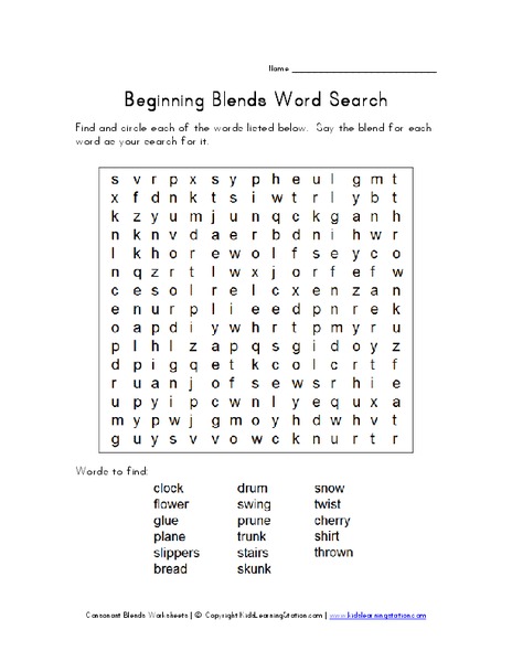 Beginning Blends Word Search Worksheet