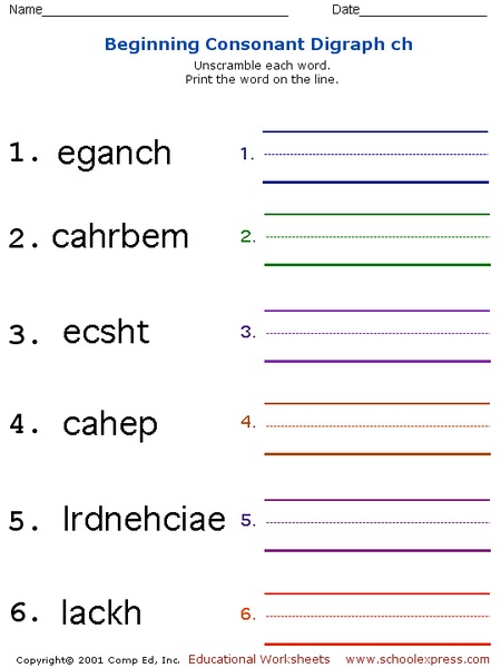 Beginning Consonant Digraph "ch" Worksheet