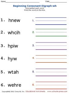 Beginning Consonant Digraph "wh" Worksheet