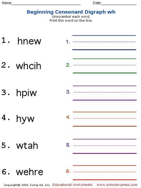 Beginning Consonant Digraph "wh" Worksheet