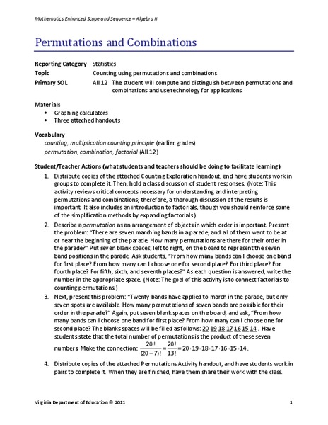 Permutations and Combinations Lesson Plan