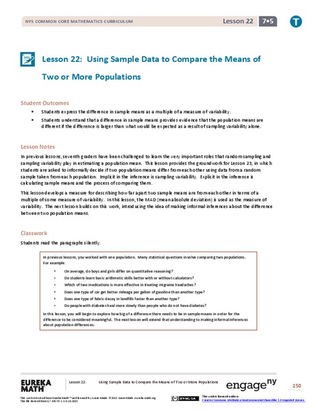 Using Sample Data to Compare the Means of Two or More Populations II Lesson Plan