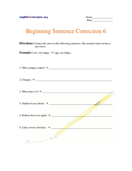 Beginning Sentence Correction Worksheet