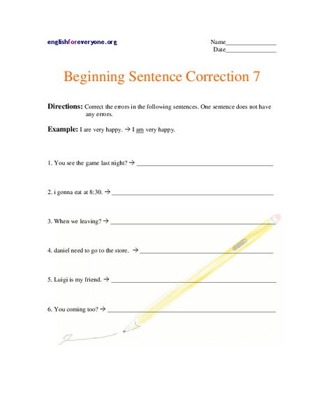 Beginning Sentence Correction Worksheet